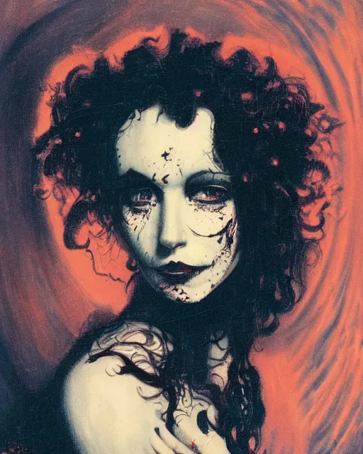 Image similar to a handsome but creepy, sinister, smiling young woman, with haunted eyes and curly hair, wearing emo clothing, 1 9 7 0 s, seventies, wallpaper, a little blood, moonlight showing injuries, delicate embellishments, painterly, offset printing technique, by brom, robert henri, walter popp