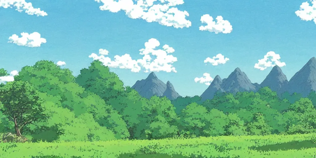 Image similar to a peaceful mountain overlooking a field, studio ghibli