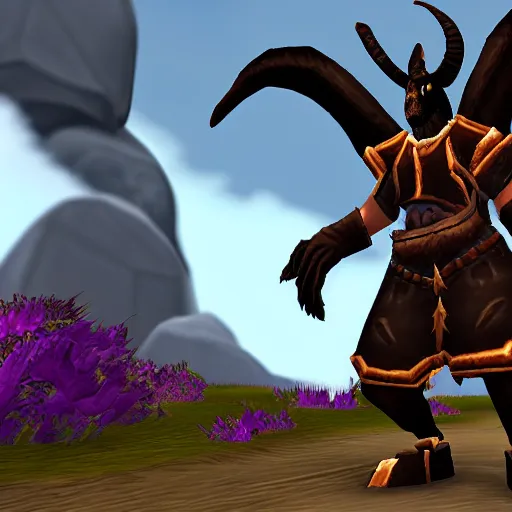 Image similar to an anthropomorphic black goat wizard in world of warcraft, screenshot