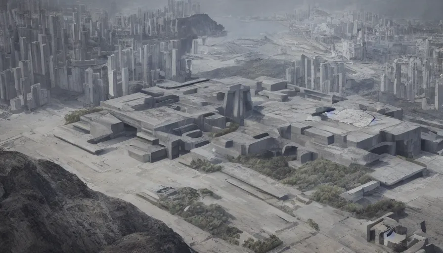 Prompt: big brutalist imperial military base on cliffs, drawing architecture,, greig fraser, very long shot, top angle, imperial architecture in rogue one, pritzker architecture prize, brutalism architecture, jan urschel