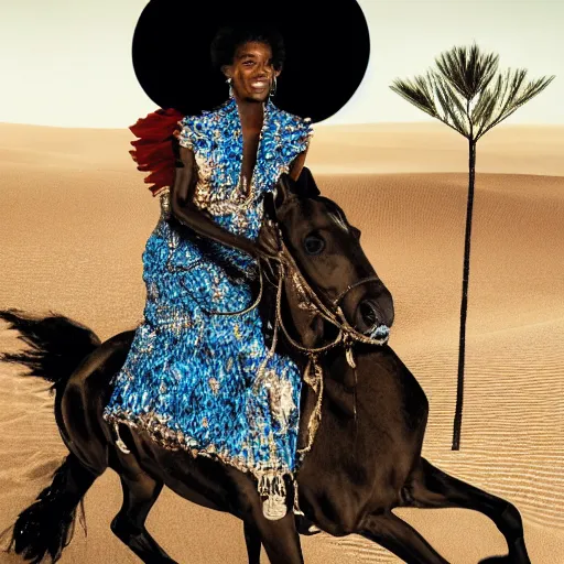 Image similar to afro woman riding a diamond horse in the desert, vogue magazine, detailed photographed