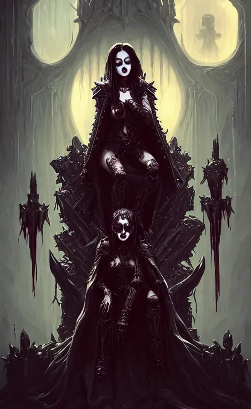 Image similar to desirable Vampire woman sitting on a skull throne with undead knights around her, fantasy, intricate, elegant, highly detailed, digital painting, artstation, concept art, matte, sharp focus, illustration, art by artgerm and Greg Rutkowski, dreadjim, zeen chin