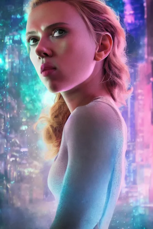 Image similar to portrait scarlett johansson masterpiece high fashion photography, bokeh, ready player one, scifi repair workshop, neon lights, james gurney, katsuhiro otomo, james paick, cinematic lighting, artstation, glowsticks, smoke, Craig Mullins, Greg Rutkowski, Pete Morbacher, Tuomas Korpi, tekkon kinreet, volumetric light, artstation, , octane render, redshift render, low angle camera by Edgar Maxence and Ross Tran and Michael Whelan, Legends of Runeterra