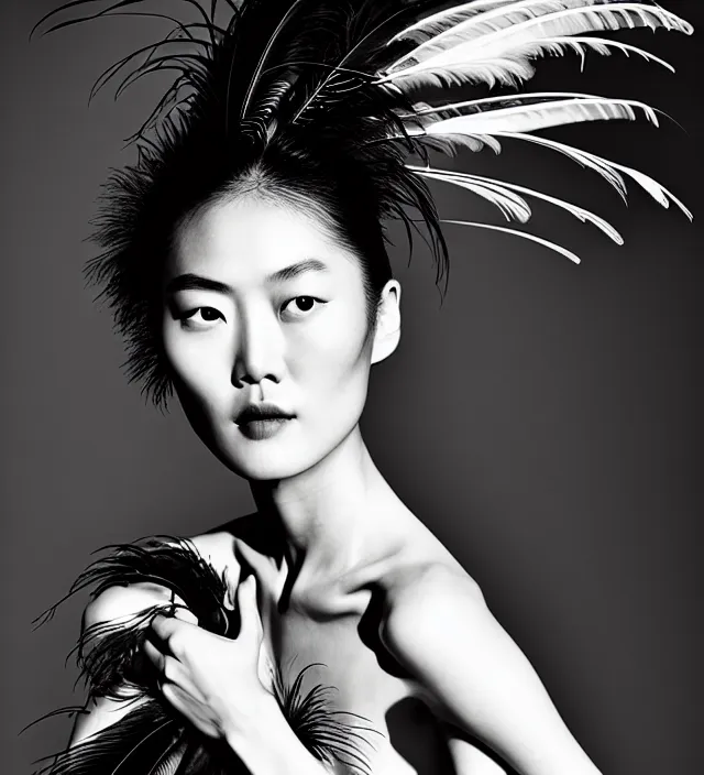 Image similar to photography film noir scene portrait starring liu wen, natural background, backlight lighting, natural fragile pose, great _ hairstyle, wearing stunning dress with feathers by iris van herpen, with a colorfull makeup. highly detailed, skin grain detail, photography by paolo roversi, amano, nick knight, helmut newton, avedon, araki