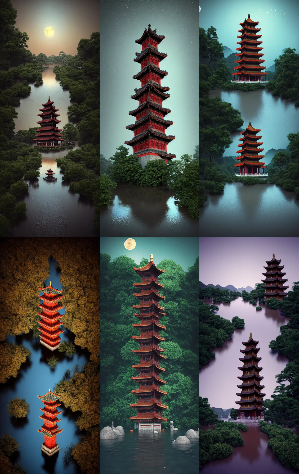 Image similar to kodak portra 4 0 0 photographic and realistic, ancien chinese tower, temple, night, moonlight, detailed, octane render, unreal engine, 4 k, artstation, hyper realistic, wide angle, floor flooded, how a river, objects that float, 3 5 mm, sharp focus, soft light, volumetric light, in the style of gregory crewdson