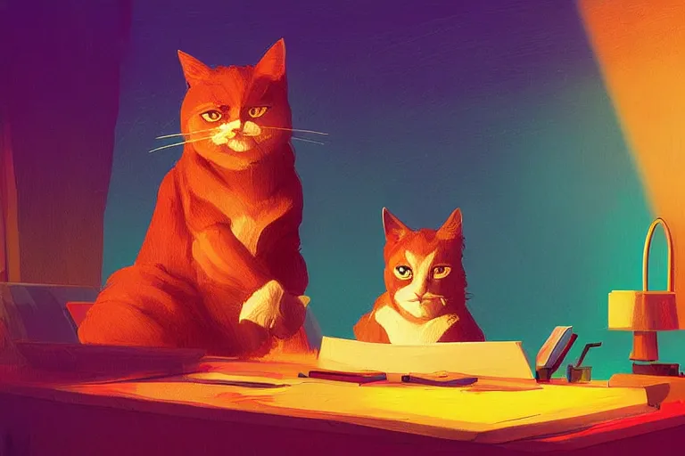 Image similar to a digital art of a godfather cat sitting by the desk, animal, light effect, highly detailed, by anton fadeev