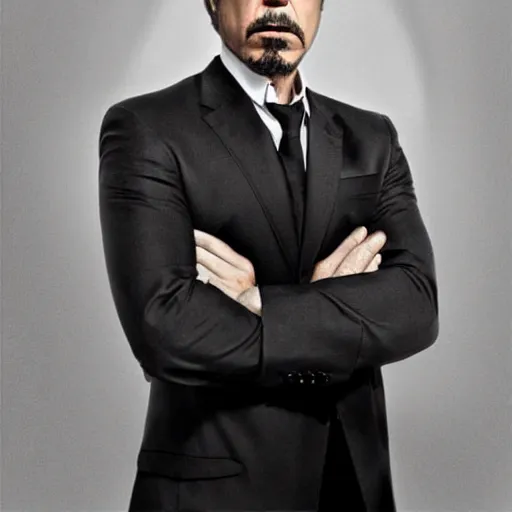 Image similar to Robert Downey Jr. with a very tired and tired face rolls his eyes, in a business black suit crossed his arms, stands indoors, the background is blurred, focus in the foreground, realism, details,