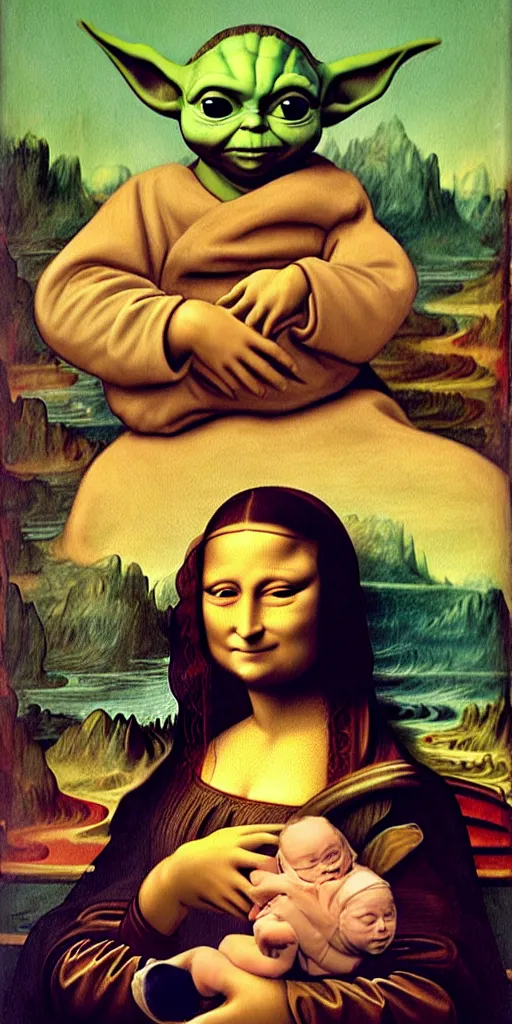 Image similar to the Mona Lisa holding Baby Yoda, painting in the style of the Mona Lisa