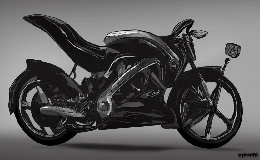 Image similar to concept art of nvidia motocycle, realistic, shiny, bloom, charcoal black background,