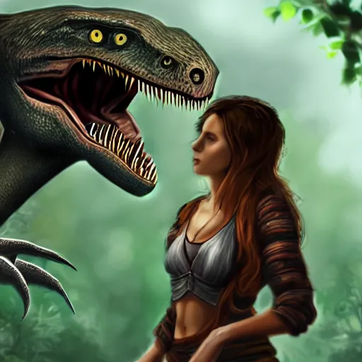 Prompt: female druid and a velociraptor, cinematic, trending in deviantart