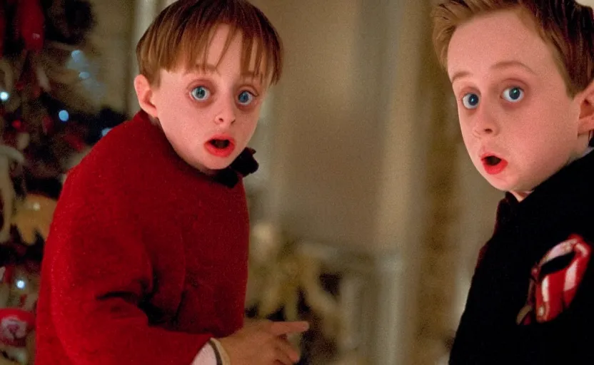 Image similar to Kieran Culkin as Kevin McCallister in 'Home Alone 2' (1992), movie still frame, oscar nominated cinematography, volumetric lighting, 8k resolution, beautiful composition