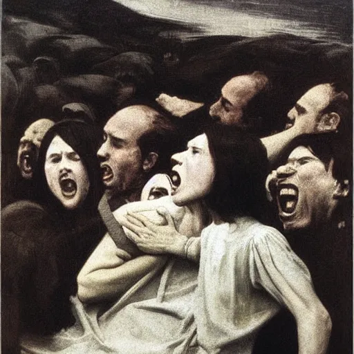 Prompt: black and white rows of screaming men angst and confusion thomas cooper gotch kathe kollwitz