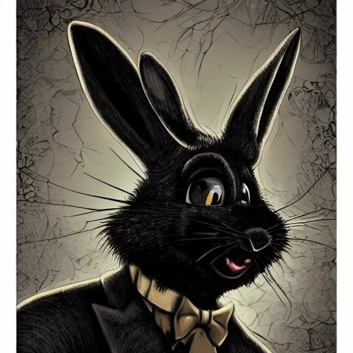 Image similar to A extremely highly detailed majestic hi-res beautiful, highly detailed head and shoulders portrait of a scary terrifying, horrifying, creepy evil black cartoon rabbit with scary big eyes, earing a shirt laughing in the style of Walt Disney