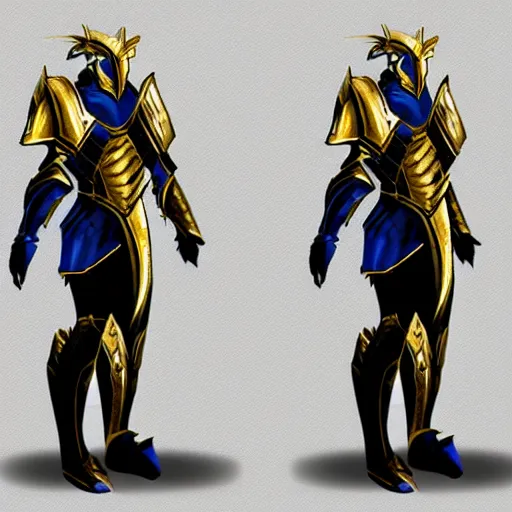 Prompt: three side view, front view, side view, back view, concept art, digital art, fantasy, warrior, blue and gold heavy armor, color