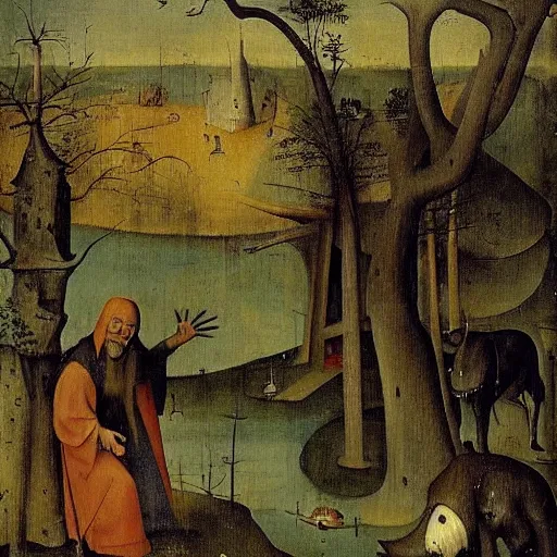 Prompt: hieronymus bosch, standing bear, forest in the background