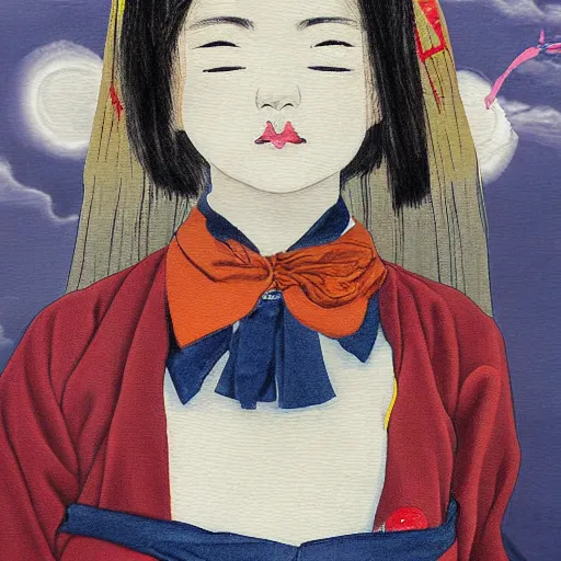 Image similar to an epic painting of Japanese schoolgirl, clothed, mixed media