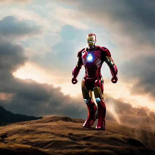 Prompt: cinematic still of Ironman in Juassic World (2015), XF IQ4, f/1.4, ISO 200, 1/160s, 8K, RAW, dramatic lighting, symmetrical balance, in-frame