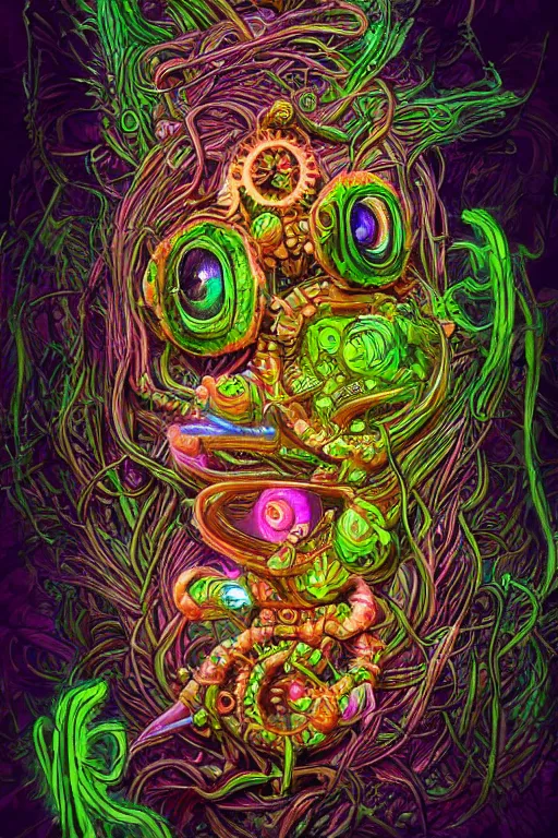 Image similar to creature sushi roots cactus elemental flush of force nature micro world fluo light deepdream a wild amazing steampunk baroque ancient alien creature, intricate detail, colorful digital painting radiating a glowing aura global illumination ray tracing