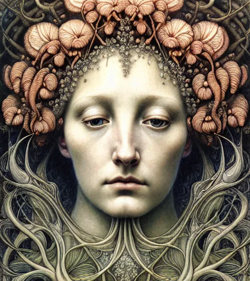 Image similar to detailed realistic beautiful flower goddess face portrait by jean delville, gustave dore, iris van herpen and marco mazzoni, art forms of nature by ernst haeckel, art nouveau, symbolist, visionary, gothic, neo - gothic, pre - raphaelite, fractal lace, intricate alien botanicals, ai biodiversity, surreality, hyperdetailed ultrasharp octane render