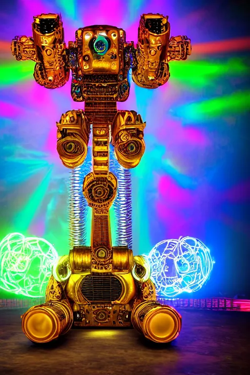 Prompt: portrait photo of a giant huge golden and blue metal steampunk robot covered with multicolored guitars and gears and tubes, eyes are glowing red lightbulbs, shiny crisp finish, 3 d render, 8 k, insaneley detailed, fluorescent colors, background is multicolored lasershow