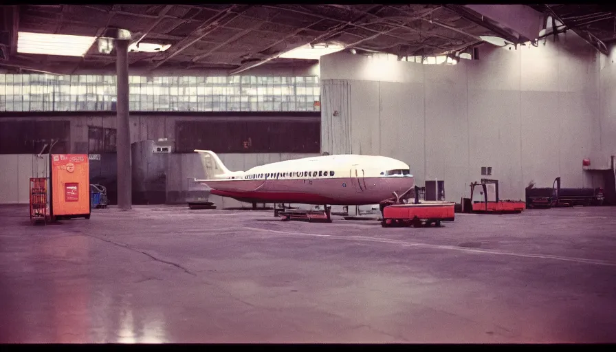 Image similar to 60s movie still of an empty boeing, cinestill 800t 50mm eastmancolor, liminal Space style, heavy grain