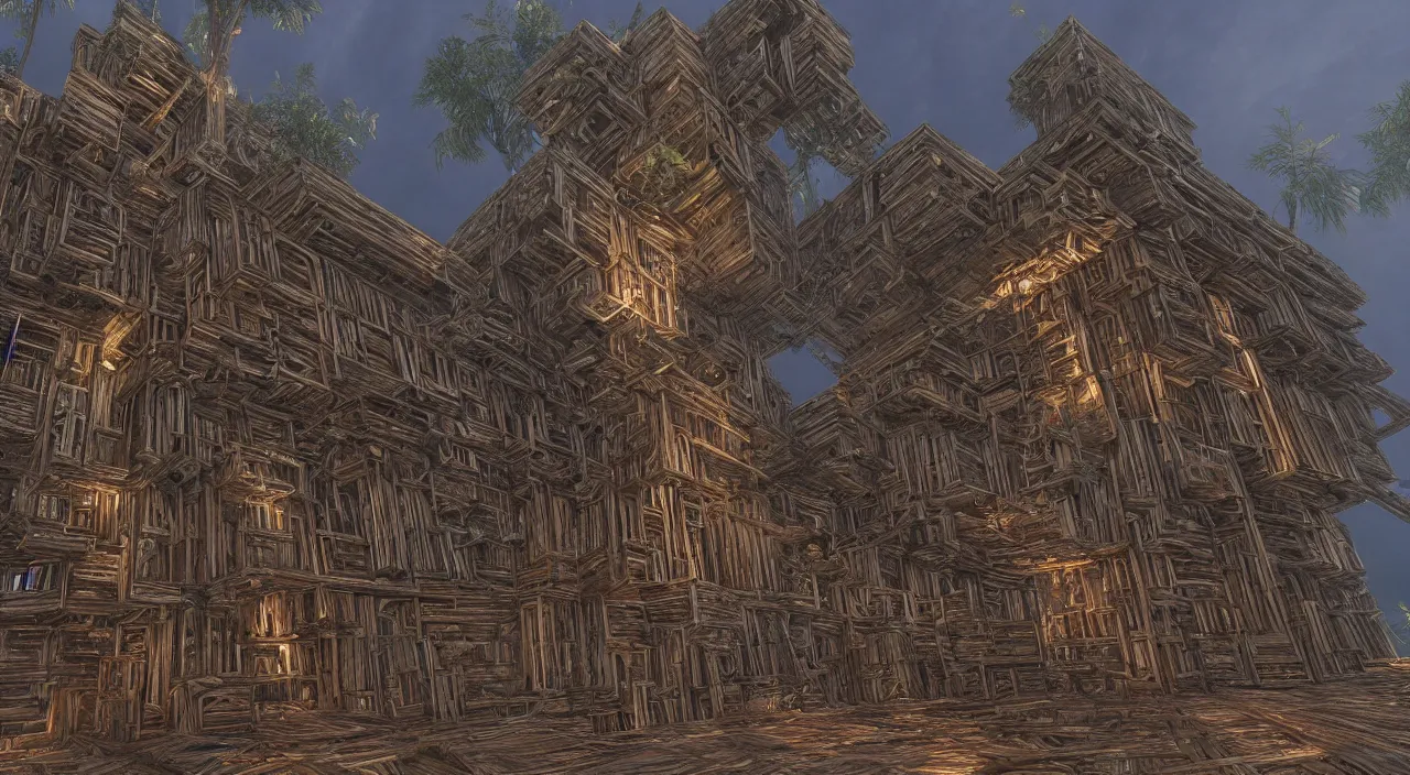 Image similar to wood fortress greeble block amazon jungle accadamy of tower cristal global illumination ray tracing