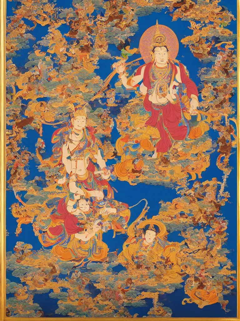 Image similar to a Beautifully exquisite WUKONG Thangka, with intricate details and bright colors. WUKONG is shown in the center, surrounded by demons that he is defeating. The background is a deep blue, with mountains and clouds. The thangka is framed in a gold border, from which rays of light are emanating by WU DAOZI, zhang xuan, qiu ying, Chris Saunders,