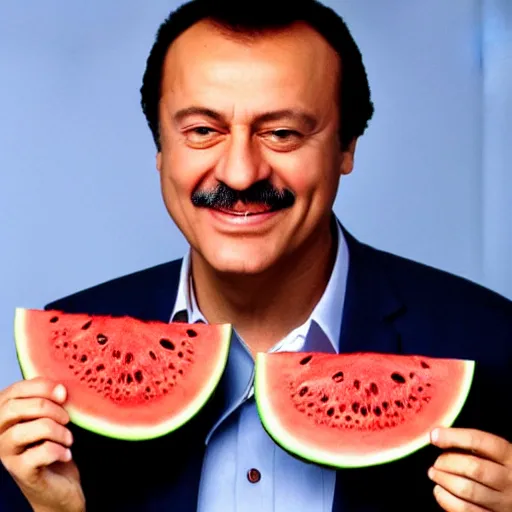 Image similar to recep tayyip smiling holding watermelon for a 1 9 9 0 s sitcom tv show, studio photograph, portrait c 1 2. 0