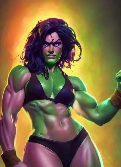 Image similar to she hulk portrait, hyper detailed, digital art, trending in artstation, cinematic lighting, studio quality, smooth render, unreal engine 5 rendered, octane rendered, art style by klimt and nixeu and ian sprigger and wlop and krenz cushart.