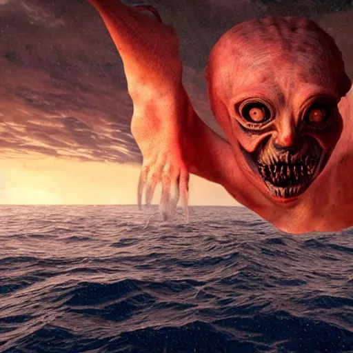 Image similar to horrifying creature in the middle of the ocean, 3d, hyperdetailed, symmetrical, 4k IMAX very very terrifying hyperrealistic