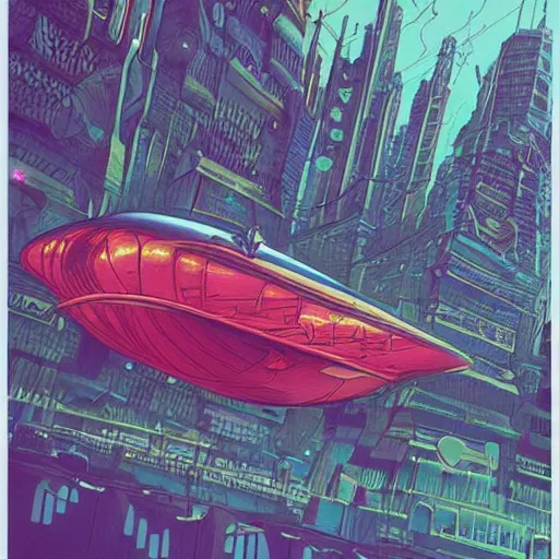 Image similar to airship cyberpunk surreal upside down city, neon lights, moebius, by jean giraud h 7 0 4