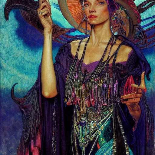 Image similar to baroque portrait of an art deco shaman, reflective detailed textures, highly detailed fantasy science fiction painting by annie swynnerton and jean delville and moebius, norman rockwell and syd mead. rich colors, high contrast. artstation