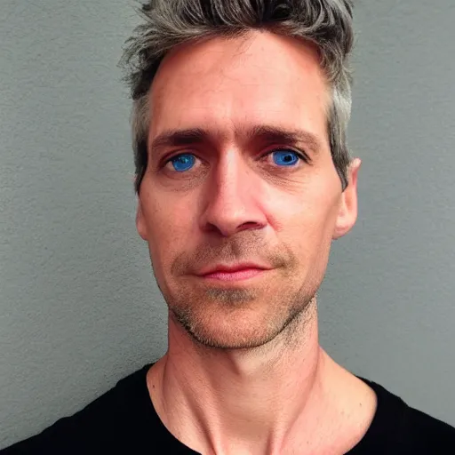 Image similar to full face color photograph of a 40 year old very handsome skinny white man with short, curly, light blond hair and very small slanted blue eyes, dressed in a white t shirt, gray shorts and black socks, with a small mole to the right of his very thin lips, with a straight nose and blond stubble on his round face, and an earring in the left ear. He resembles a lion.