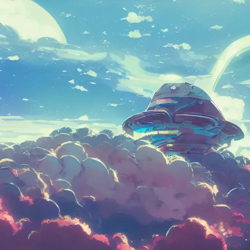 Prompt: a spaceship crashed into a foreign planet. The spaceship is buried in the ground. anime clouds. in the style of digital art, artstation trending, rossdraws, breath of the wild, Makoto Shinkai, ghibli