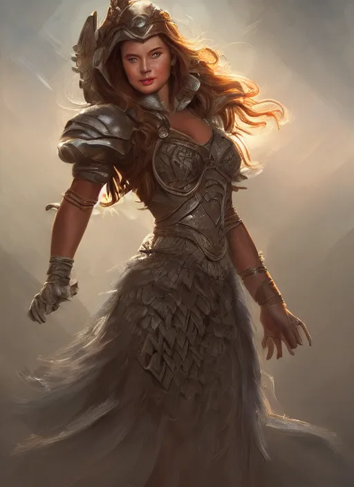 Image similar to beautiful female dorothy gale, rebecca romijn as dorothy, full body character concept, covered in full iron armor, armor plating, art nouveau, super powers, fantasy, intricate, elegant, highly detailed, digital painting, artstation, concept art, shining, sharp focus, illustration, art by stanley lau