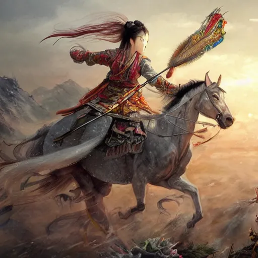 Image similar to dynamic composition, motion, ultra-detailed, incredibly detailed, a lot of details, amazing fine details and brush strokes, colorful and grayish palette, smooth, HD semirealistic anime CG concept art digital painting, watercolor oil painting of meadow and sunrise, from Three Kingdoms, by a Chinese artist at ArtStation, by Huang Guangjian, Fenghua Zhong, Ruan Jia, Xin Jin and Wei Chang. Realistic artwork of a Chinese videogame, gradients, gentle an harmonic grayish colors.