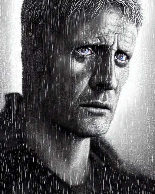 Prompt: a close up portrait of roy batty from blade runner, rainy streets in the background, digital art by joseph karl stieler and ross tran, highly detailed, trending on behance