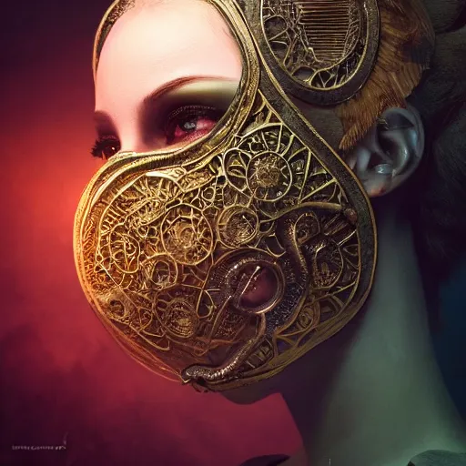 Image similar to Very very very very highly detailed epic central composition studio photography of face with venetian mask, intricate, dystopian, sci-fi, extremely detailed, digital painting, artstation, concept art, smooth, sharp focus, illustration, intimidating lighting, incredible art by Anna Dittmann