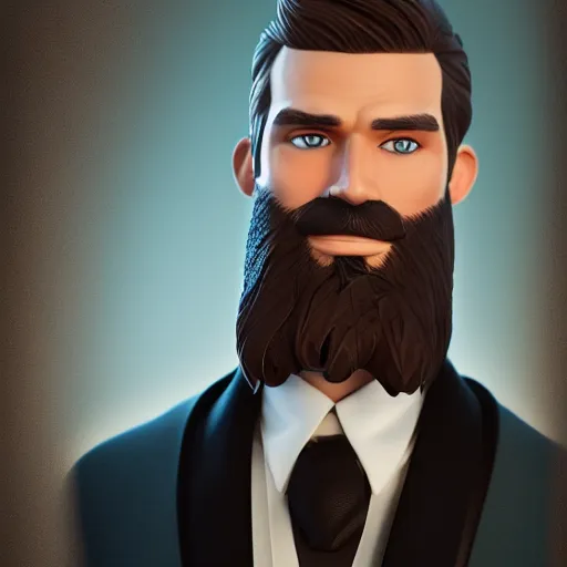 Image similar to a highly detailed portrait of a man, with a brown beard and hair, blue eyes, wearing a tuxedo, artstation, deviantart, professional, octane render