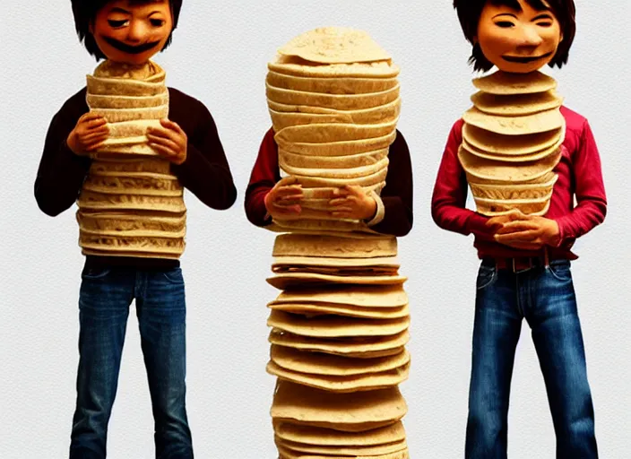 Image similar to two men made out of tortillas, their whole body is a tortilla, holding microphones, by kan liu and loish, high resolution, fantasy coloring, intricate, artstation, smooth, sharp focus