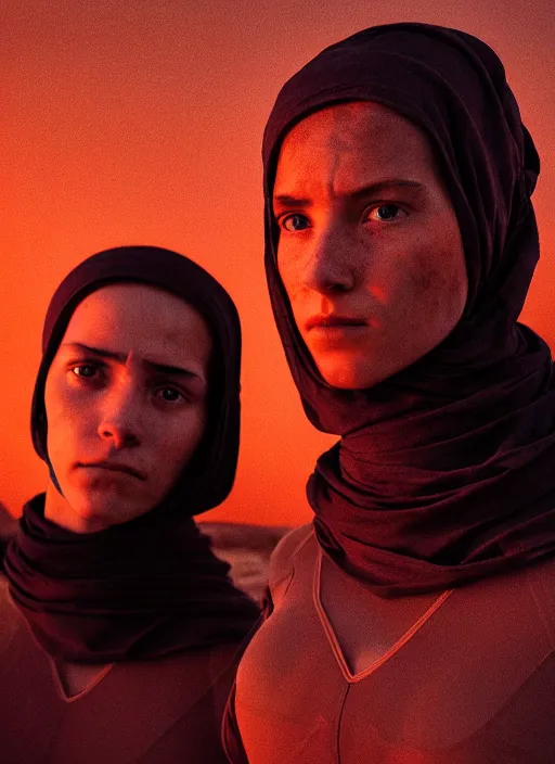 Image similar to cinestill 5 0 d photographic portrait by steve mccurry of two loving female androids wearing rugged black mesh techwear on a desolate plain with a red sky, extreme closeup, cyberpunk style, dust storm, 8 k, hd, high resolution, 3 5 mm, f / 3 2, ultra realistic faces, ex machina