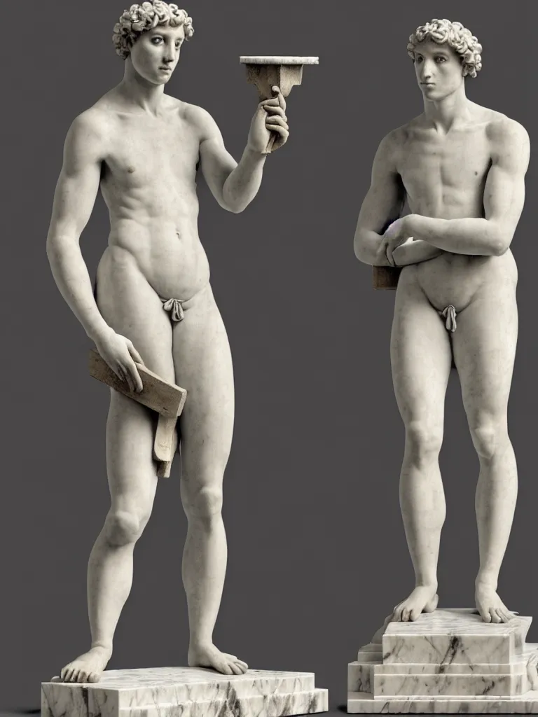 Image similar to a full body image of a twenty - something michelangelo standing in contrapposto wearing peasant clothing of the renaissance. a chisel and mallet sit on a table nearby. a large block of marble dominates the background. photorealistic, hyperdetailed, studio lighting, octane render, caustics