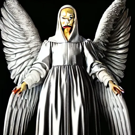 Image similar to highdetailed hyperrealistic painting of white angel!!! no gender smiling noface!!!, light instead of hands, white sparkles everywhere, 4 k hd face!!!, big silver high detailed wings!!!, renaissance, by jan van eyck, by gerhard richter, holography space, glow effect, large strokes, monochrome!!!!!