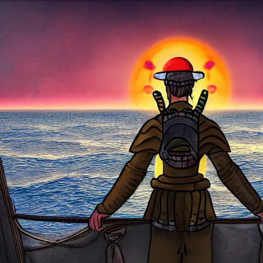 Image similar to portrait of a medieval ship pilot on a ship looking into the sunset on the sea, wearing breastplate, digital art, bokah, high fantasy art style