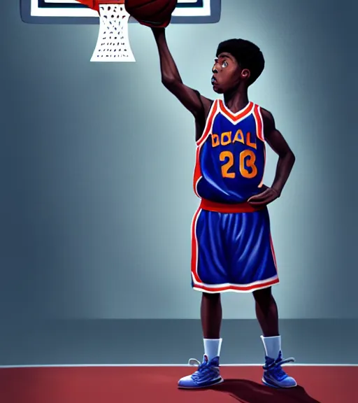 Image similar to portrait of a boy at a basketball court playing basketball wearing a basketball uniform in a basketball court standing near the basketball hoop, poised, intense emotion, detailed facial expression, detailed surroundings, intricate, elegant, highly detailed, centered, digital painting, artstation, concept art, smooth, sharp focus, illustration, WLOP