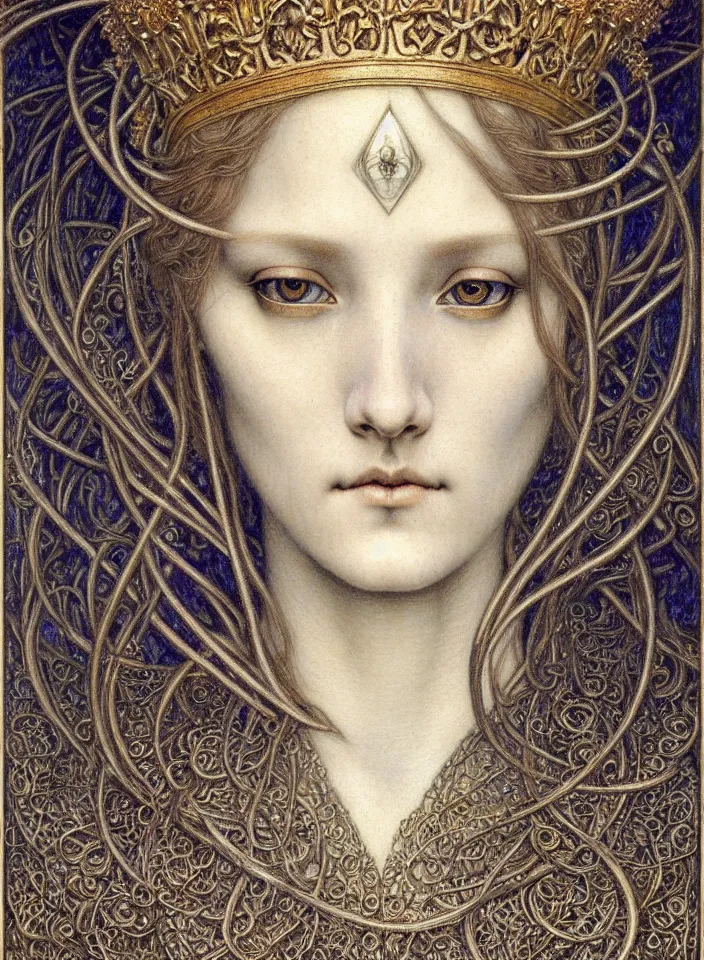 Image similar to detailed realistic beautiful young medieval queen face portrait by jean delville, gustave dore and marco mazzoni, art nouveau, symbolist, visionary, gothic, pre - raphaelite. horizontal symmetry