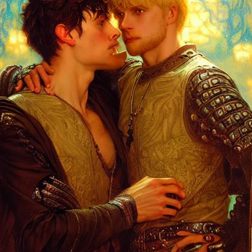 Image similar to stunning arthur pendragon in love with stunning male merlin the mage. they are close to each other, touching, looking. highly detailed painting by gaston bussiere, craig mullins, j. c. leyendecker