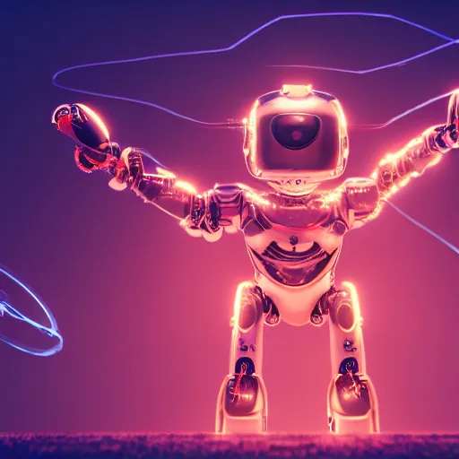 Prompt: super advanced technological anthropomorphic robot from the future, intricate details, mystic symbols, glowing, chords, particle effects, octane render, 4 k, depth of field, cinematic lighting, cinematic composition