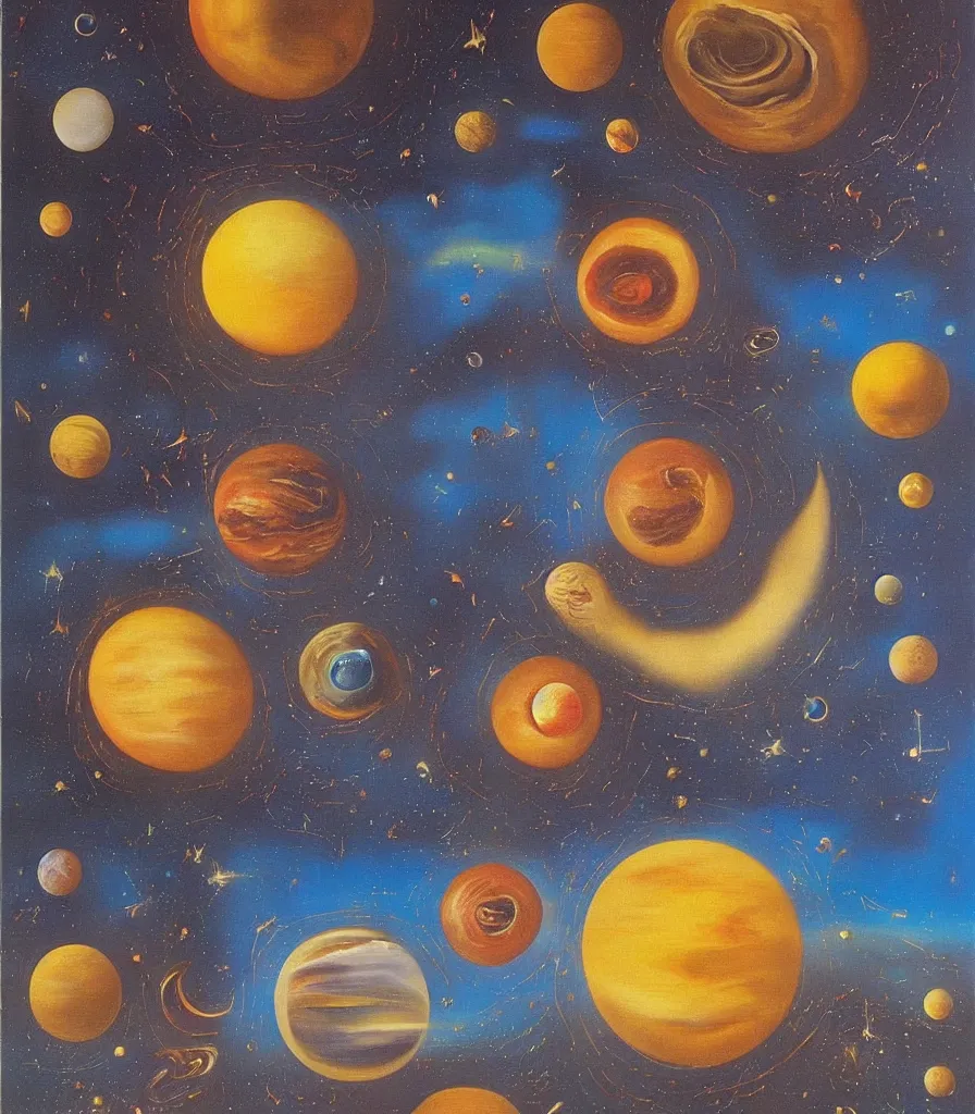 Prompt: a beautiful surrealistic painting of planets and stars in the universe by salvador dali, trending on artstation., oil painting