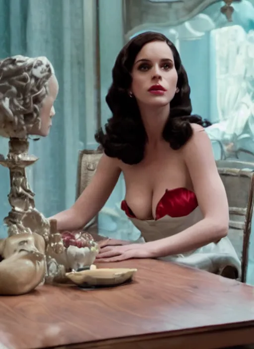 Prompt: movie still of a katy sagal with a very big bust sitting at a table with lana del rey, smooth white skin, directed by Guillermo Del Toro